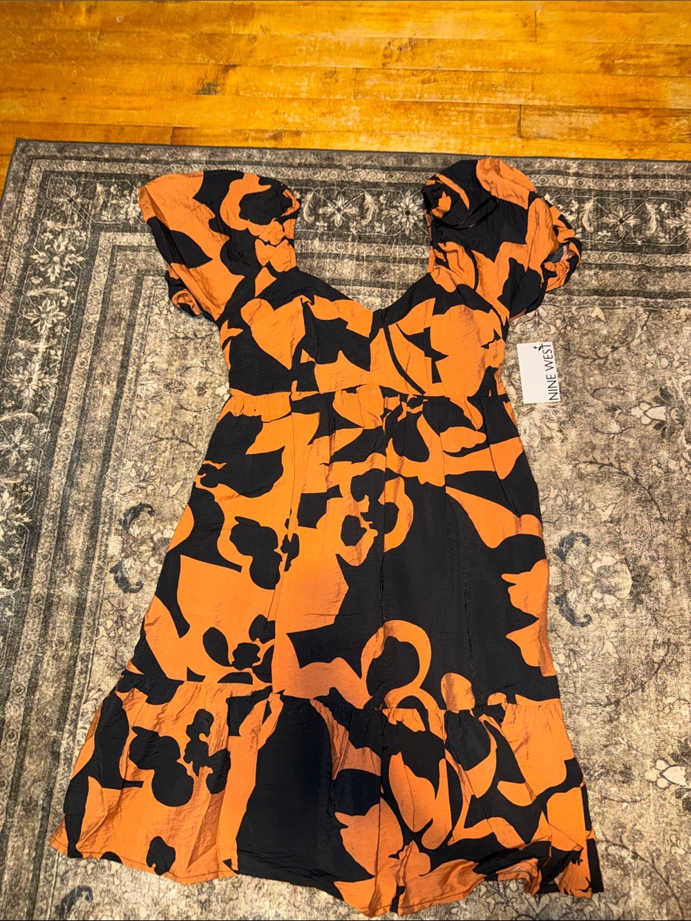 Nine West Orange and Black Floral Midi Dress